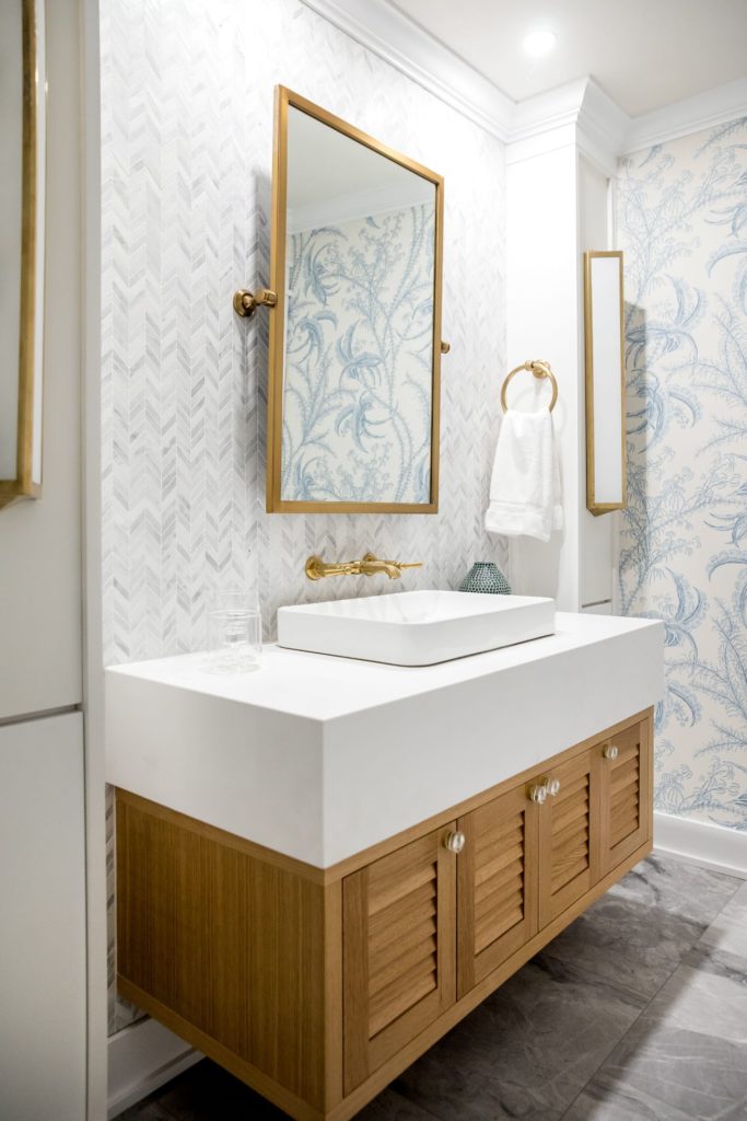 Bathroom vanity in luxury lakeside resort-style Kelowna home.